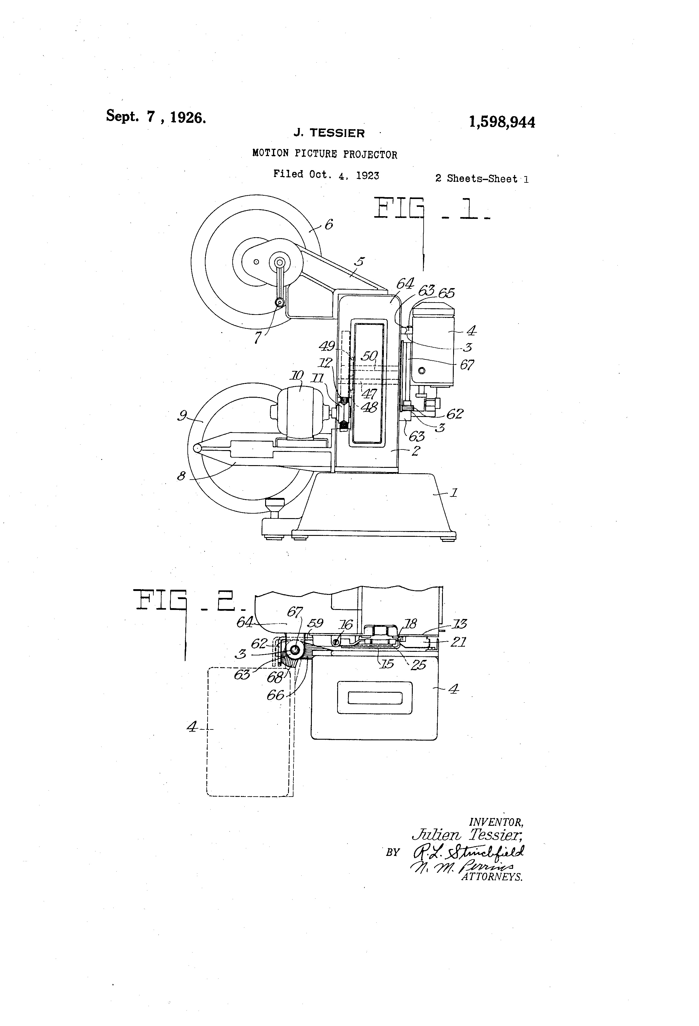 1923 10 04 US1598944 Motion Picture Projector