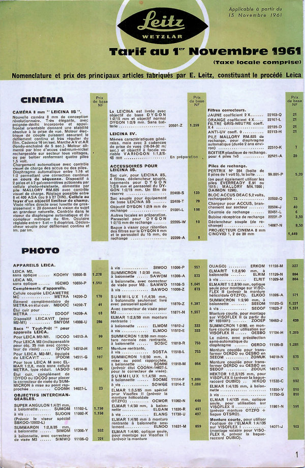 Tarifs LEITZ 1961